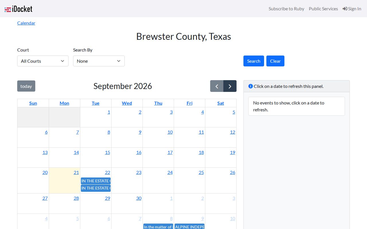 Brewster County warrant search context showing the district court public calendar shell