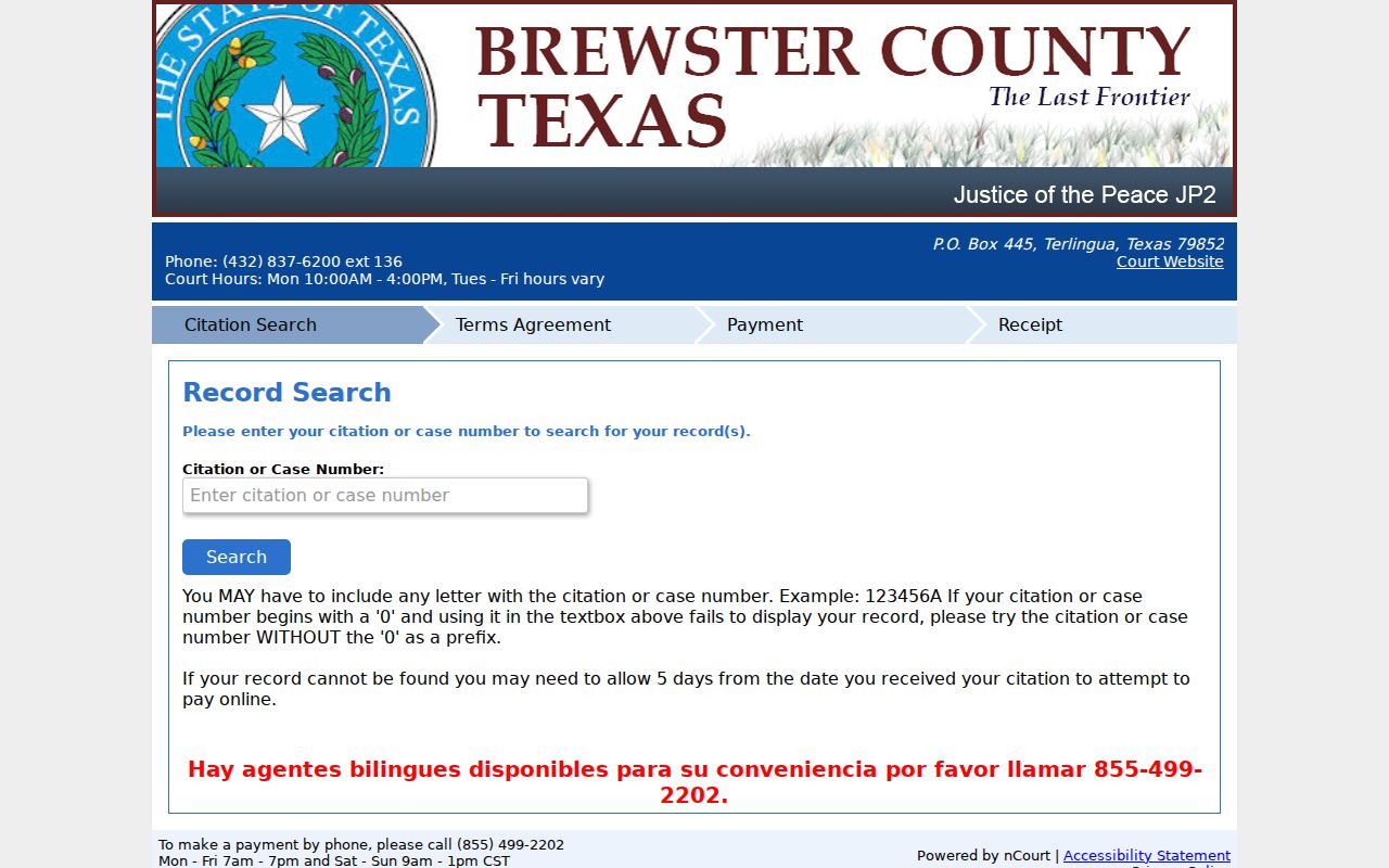 Brewster County warrant check reference for the JP2 citation portal and number instructions