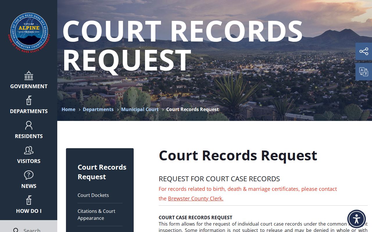 Brewster County municipal warrant record access reference showing Alpine's judge-directed court request route