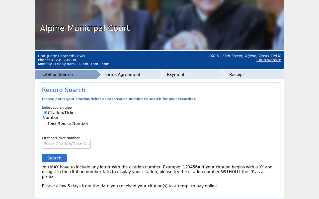 Alpine warrant search reference showing citation or cause-number choices in the court portal