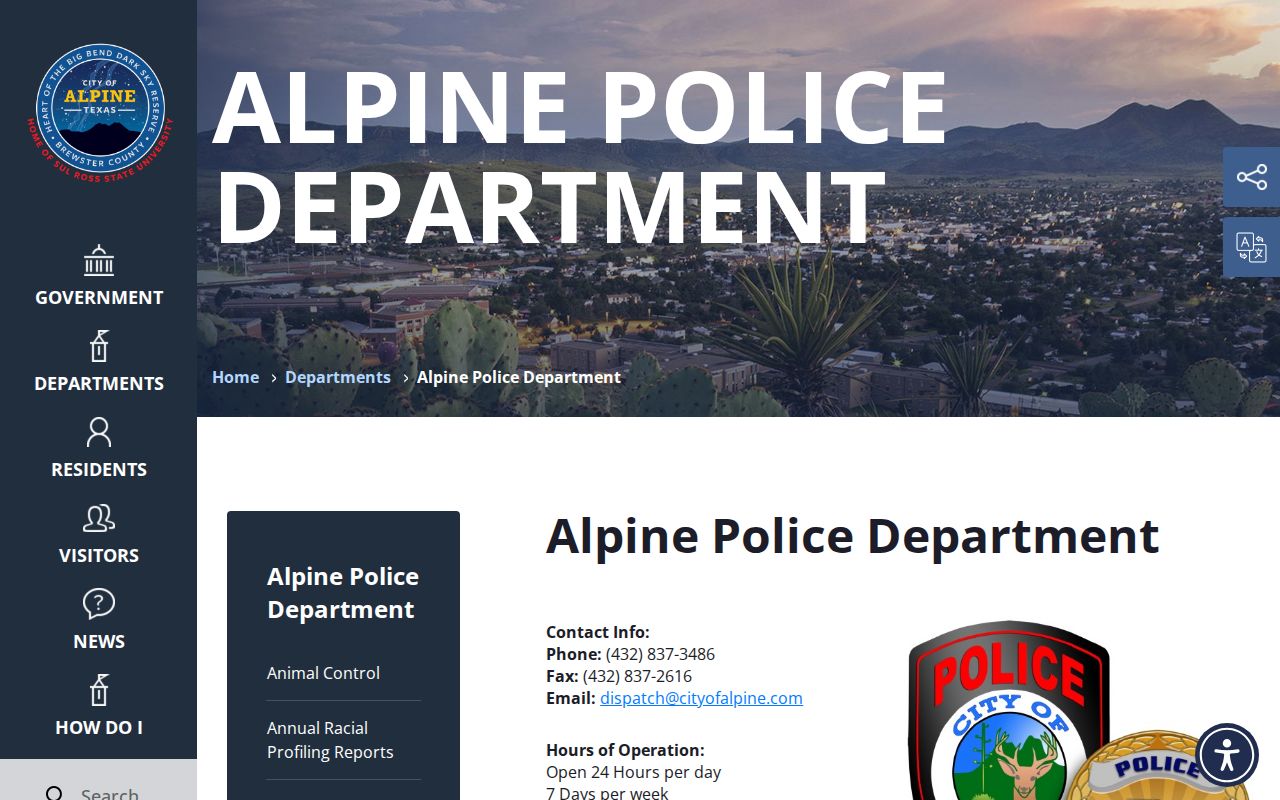 Alpine warrant service reference showing the Alpine Police Department public contact page