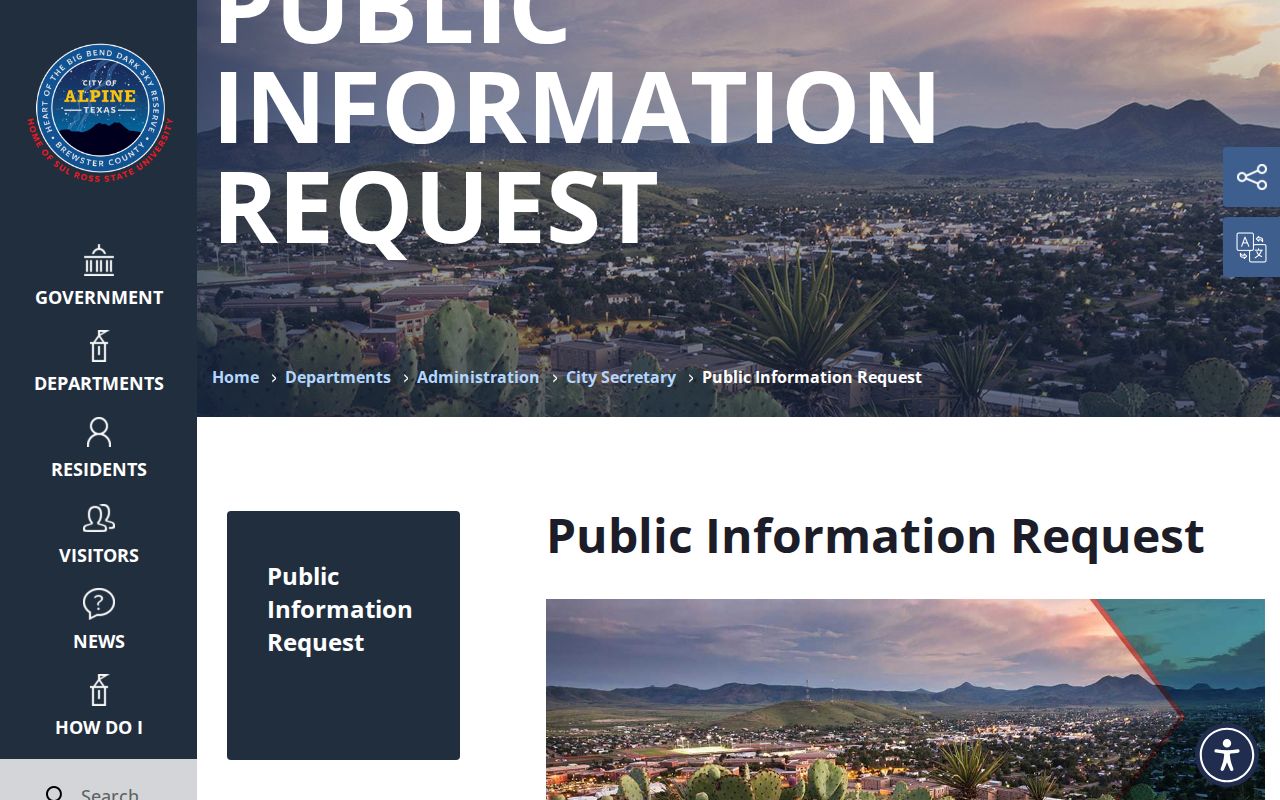 Alpine warrant records access reference showing online, mail, email, and in-person city request routes