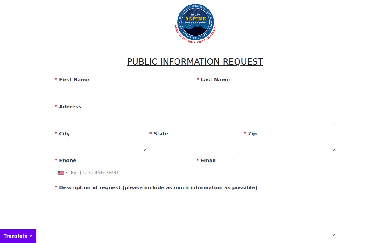 Alpine warrant records request reference showing the English city PIA identity and contact fields
