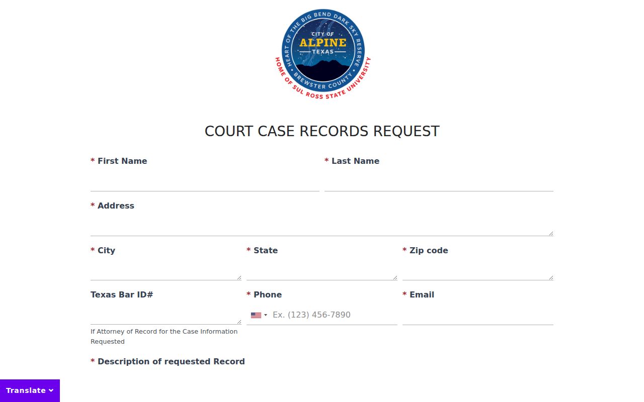 Alpine warrant record request form showing required and optional court-record fields