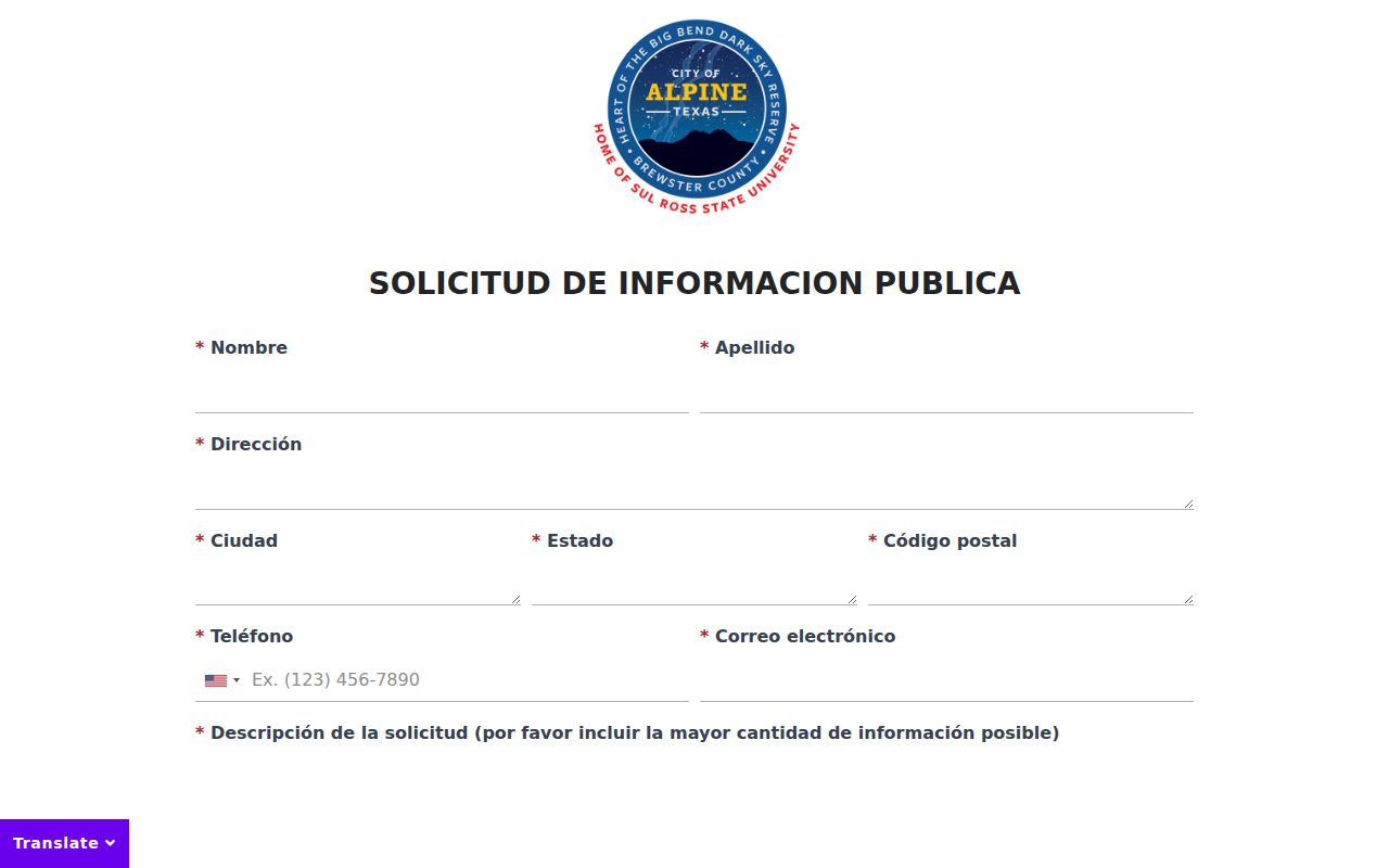 Alpine warrant records request reference showing the Spanish city PIA form