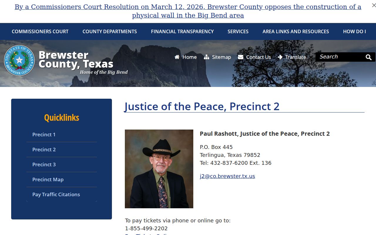 Brewster County traffic warrant portal context for the JP2 Terlingua and Study Butte route