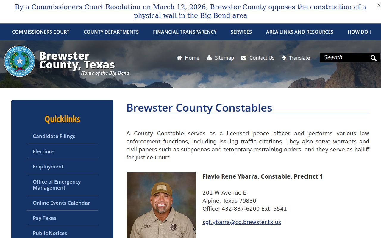 Brewster County arrest warrant service reference showing the constable's published role