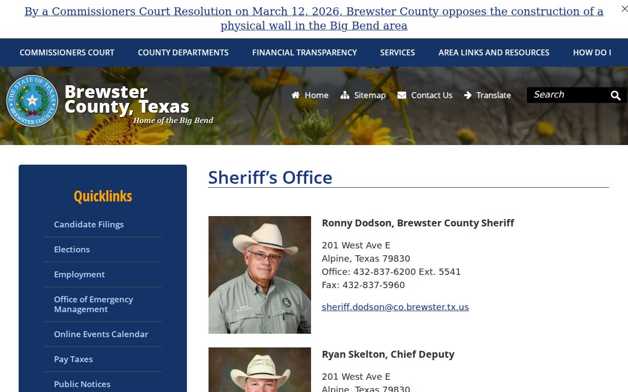 Brewster County warrant service contact information from the official sheriff page