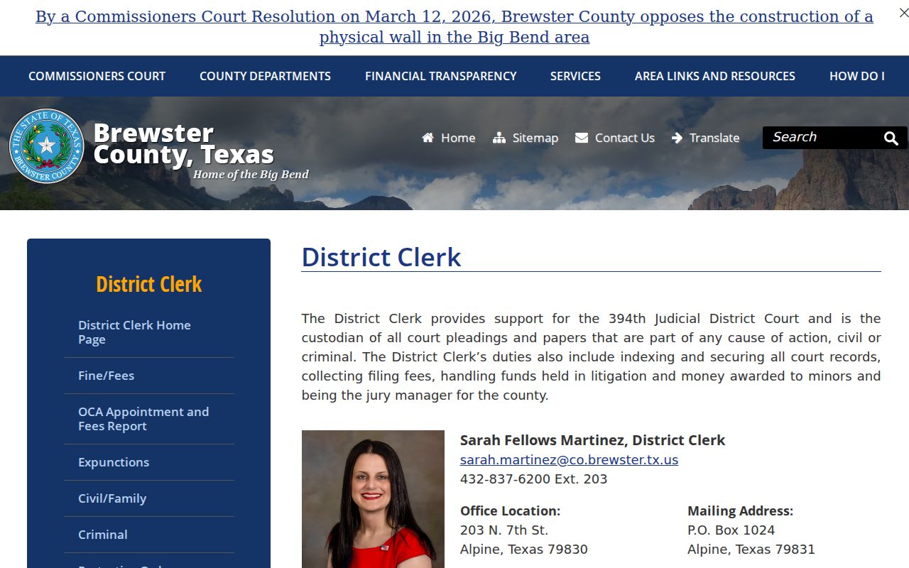 Brewster County warrant records reference showing District Clerk and court scope