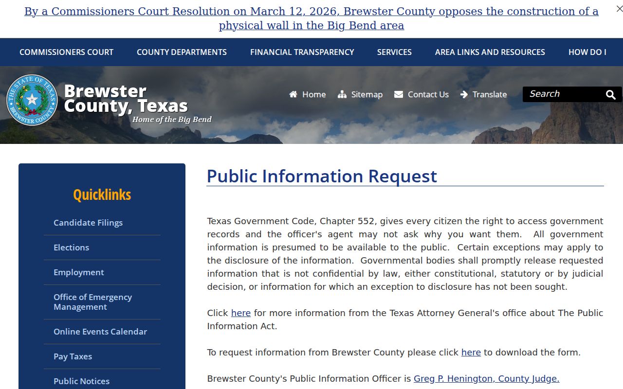 Brewster County warrant records reference showing county public-record request channels